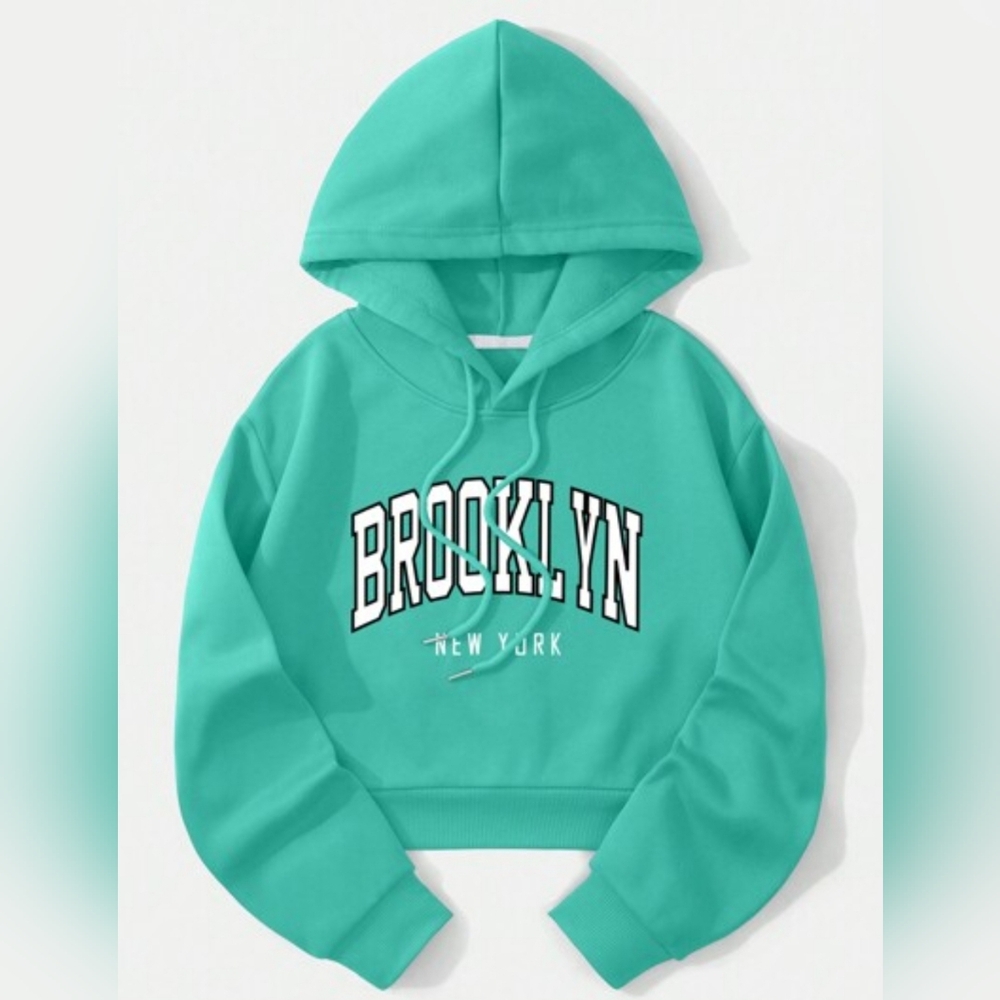 Graphic Thermal Lined Drawstring Crop Hoodie,Long Sleeve Tops